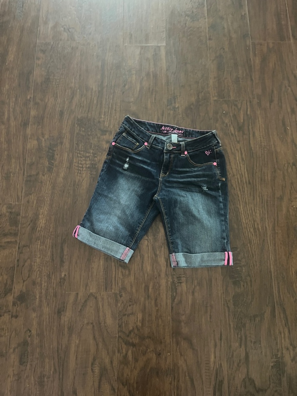 Justice Dark Blue Denim Shorts with Pink Accents